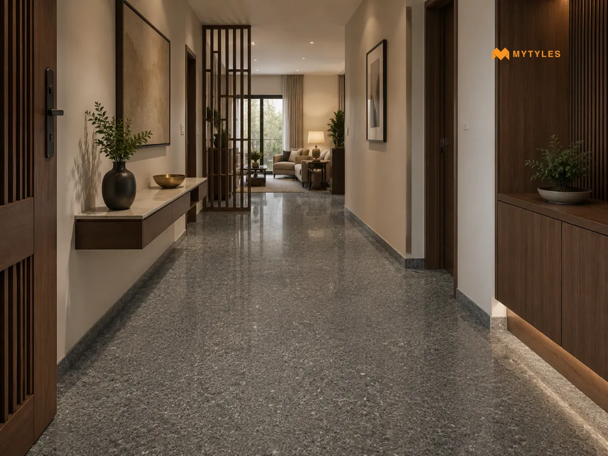 Full-Body Granite-Look Tiles for Foyers and Passages